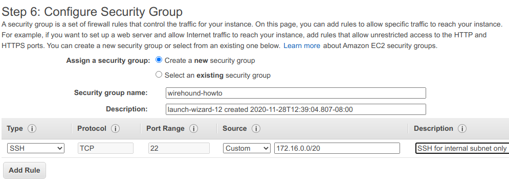 Example security group setup for internal SSH access only