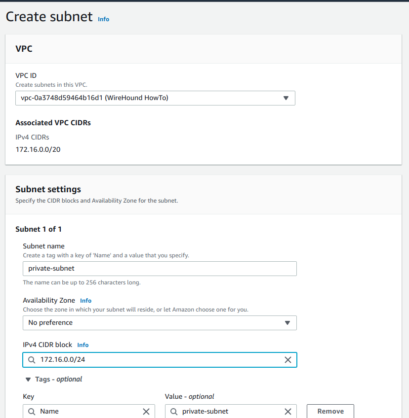 The VPC subnet form