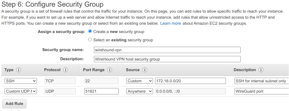 The Security group settings for the TunnelHound host